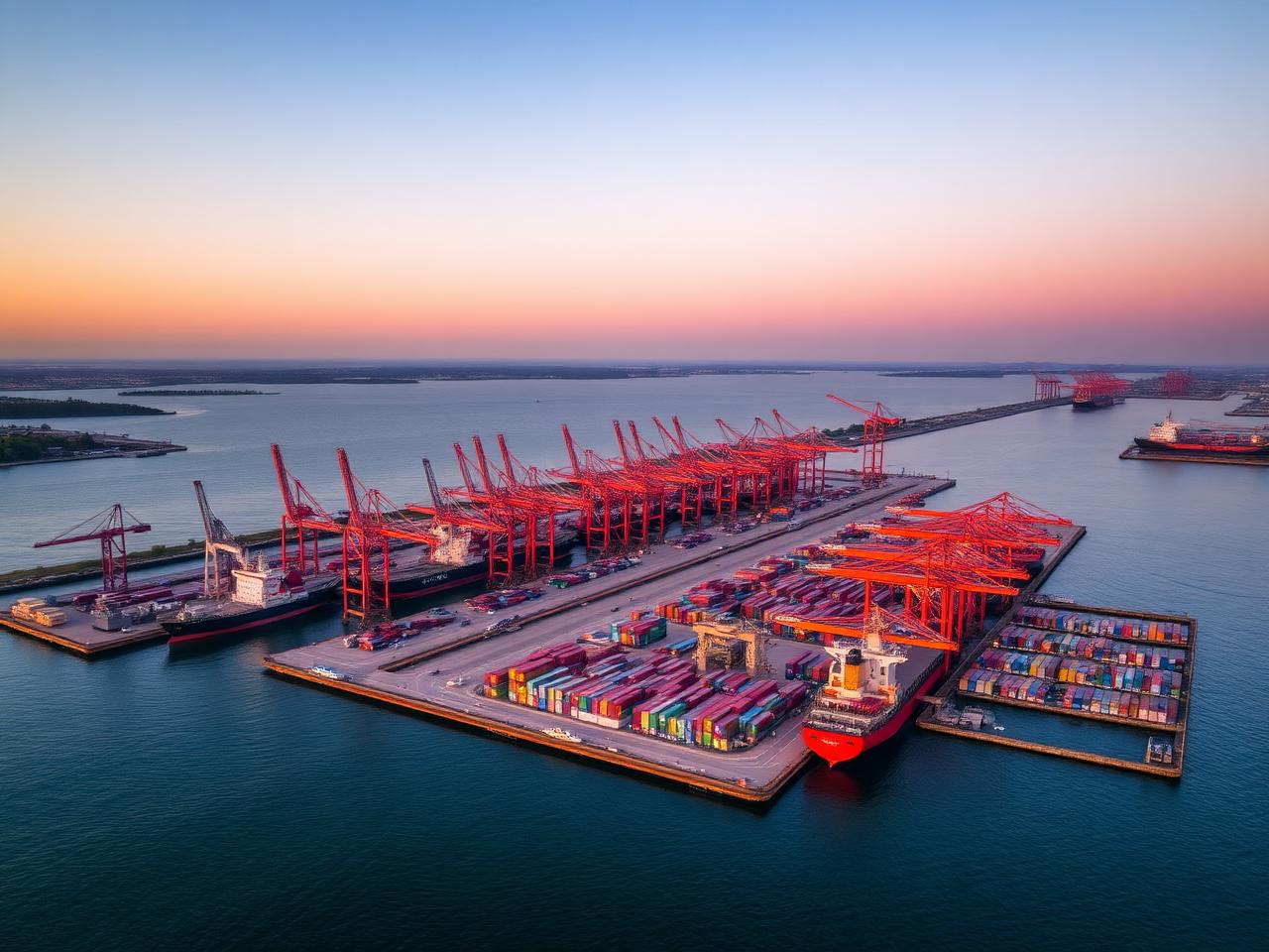 Cargo vessel and port infrastructure beside the water